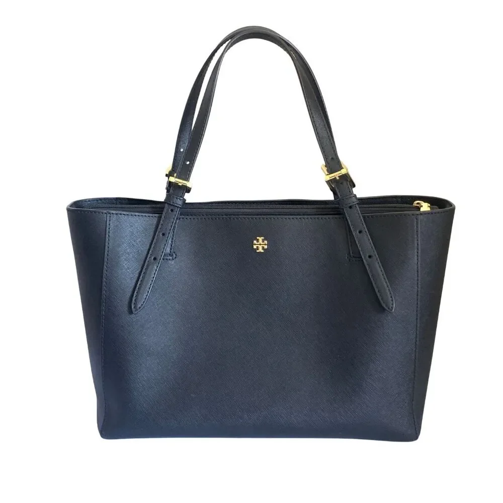 Tory Burch Black Saffiano Leather Tote Bag Triple Compartment Gold Logo Shoulder